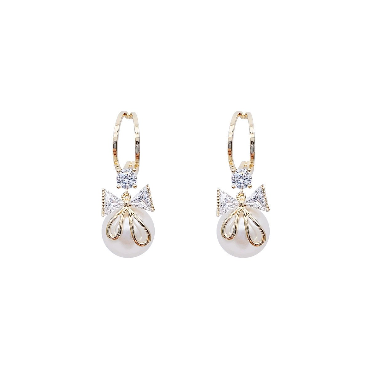Gold Tone Bow and Pearl Earrings