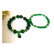 Green Gemstone and Gold Beaded Stretch Bracelet