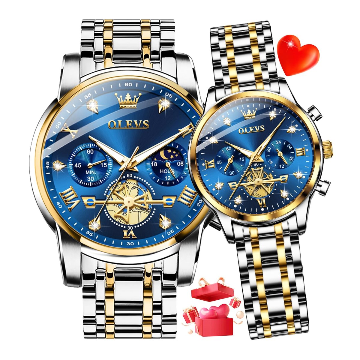 Olevs Two Tone Stainless Steel Blue Dial Matching Couple Watch Set